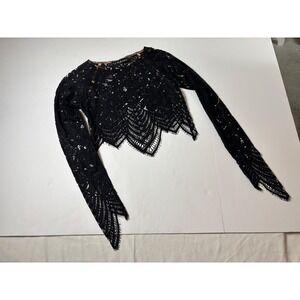 For Love & Lemons Goth Black Lace Crop Top Long Sleeve Scalloped Eyelash Hem S